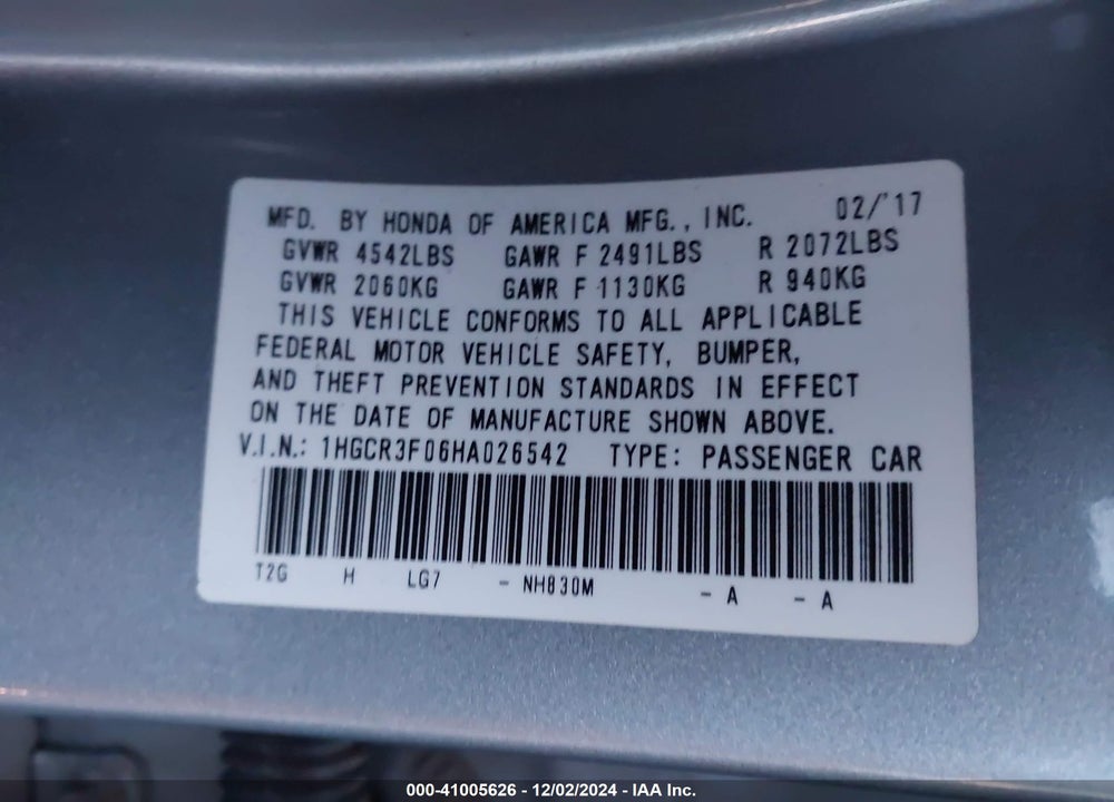 2017 HONDA ACCORD EX-L V6 VIN: 1HGCR3F06HA026542