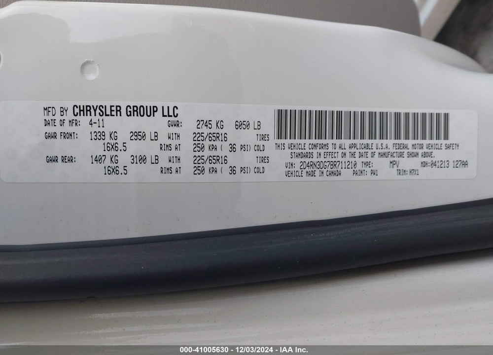 2011 DODGE GRAND CARAVAN MAINSTREET VIN: 2D4RN3DG7BR711210