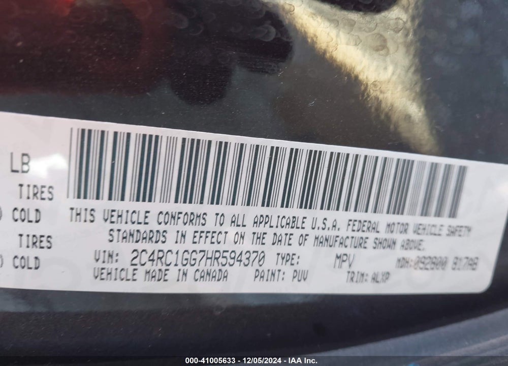 2017 CHRYSLER PACIFICA LIMITED VIN: 2C4RC1GG7HR594370
