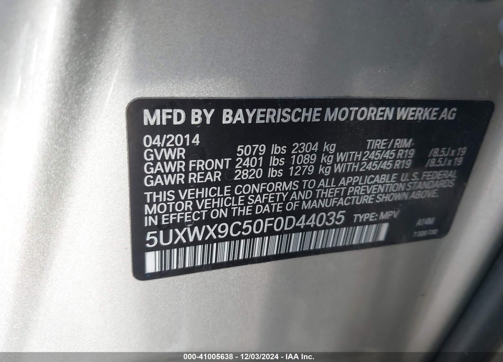 2015 BMW X3 XDRIVE28I VIN: 5UXWX9C50F0D44035