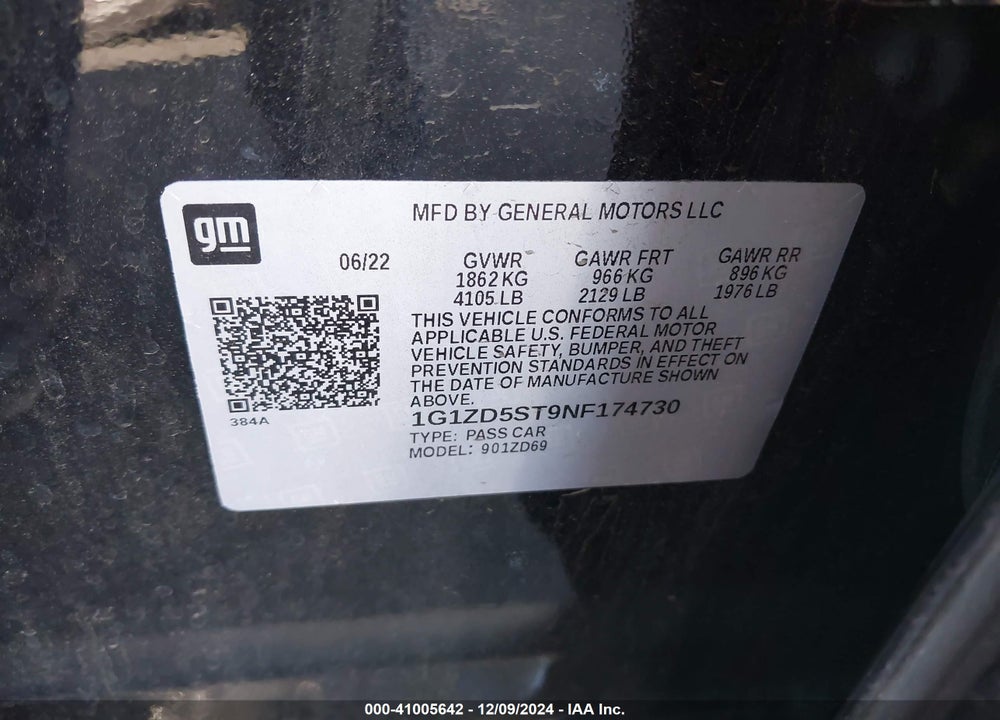 2022 CHEVROLET MALIBU FWD LT VIN: 1G1ZD5ST9NF174730