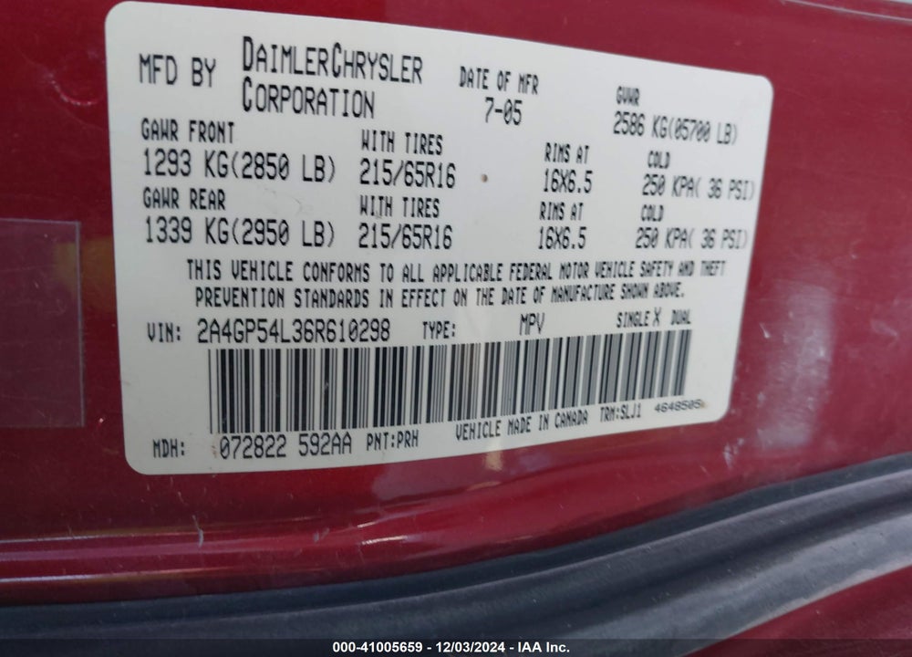 2006 CHRYSLER TOWN & COUNTRY TOURING VIN: 2A4GP54L36R610298