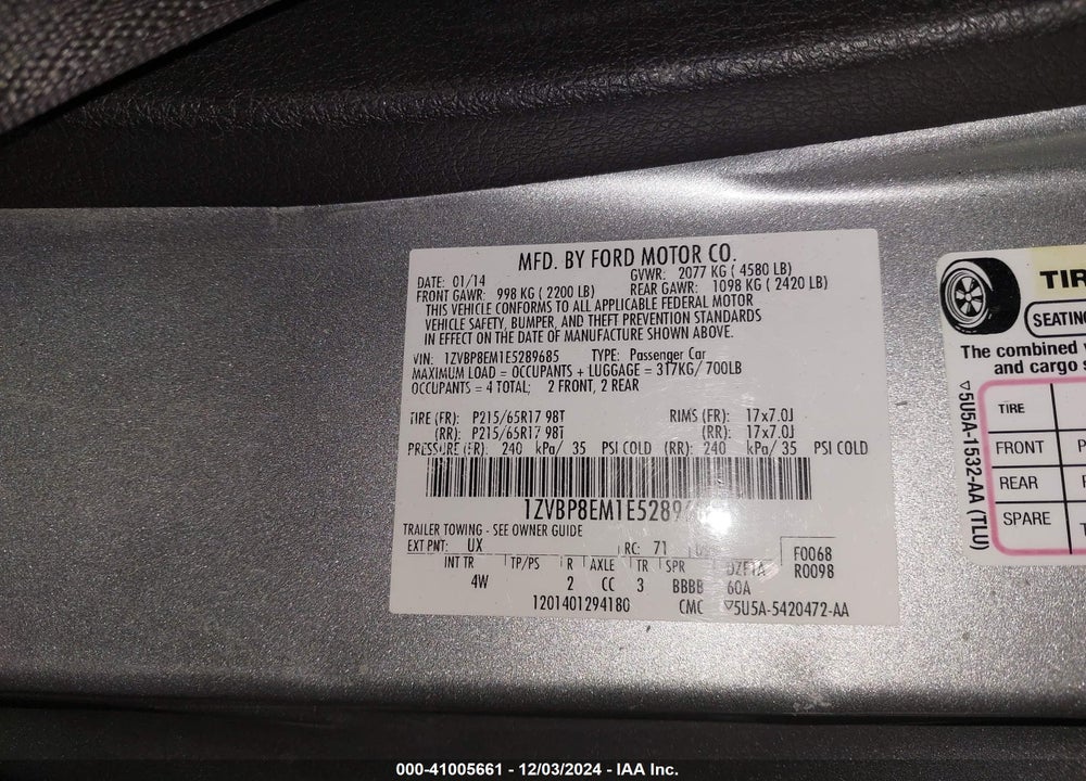 2014 FORD MUSTANG V6 PREMIUM VIN: 1ZVBP8EM1E5289685