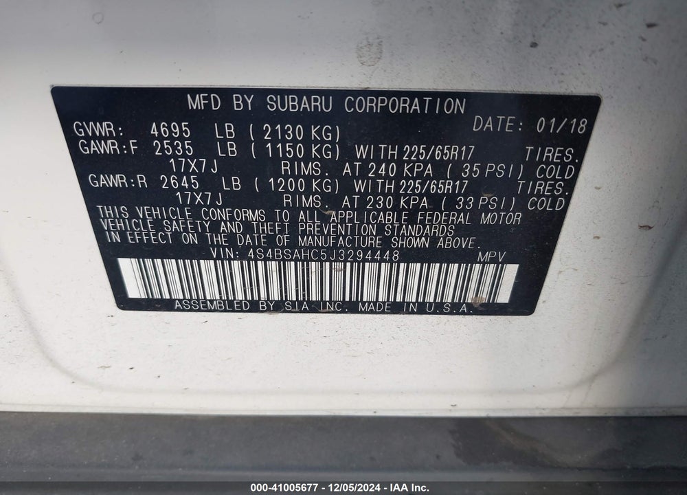 2018 SUBARU OUTBACK 2.5I PREMIUM VIN: 4S4BSAHC5J3294448