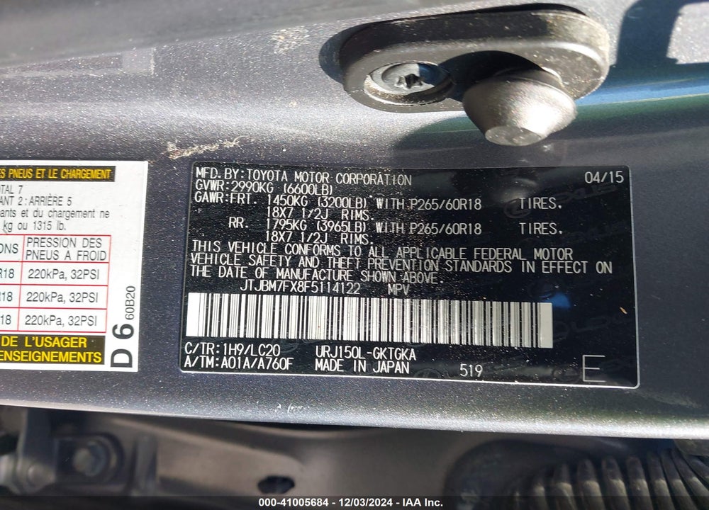 2015 LEXUS GX 460 VIN: JTJBM7FX8F5114122