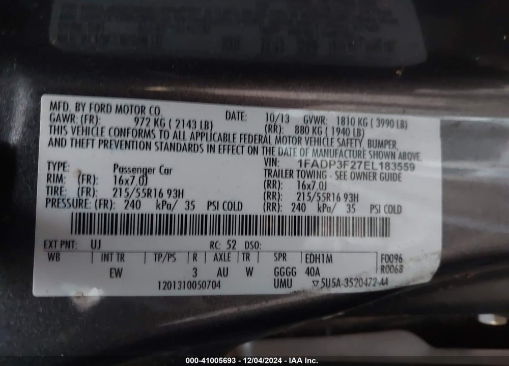 2014 FORD FOCUS SE VIN: 1FADP3F27EL183559