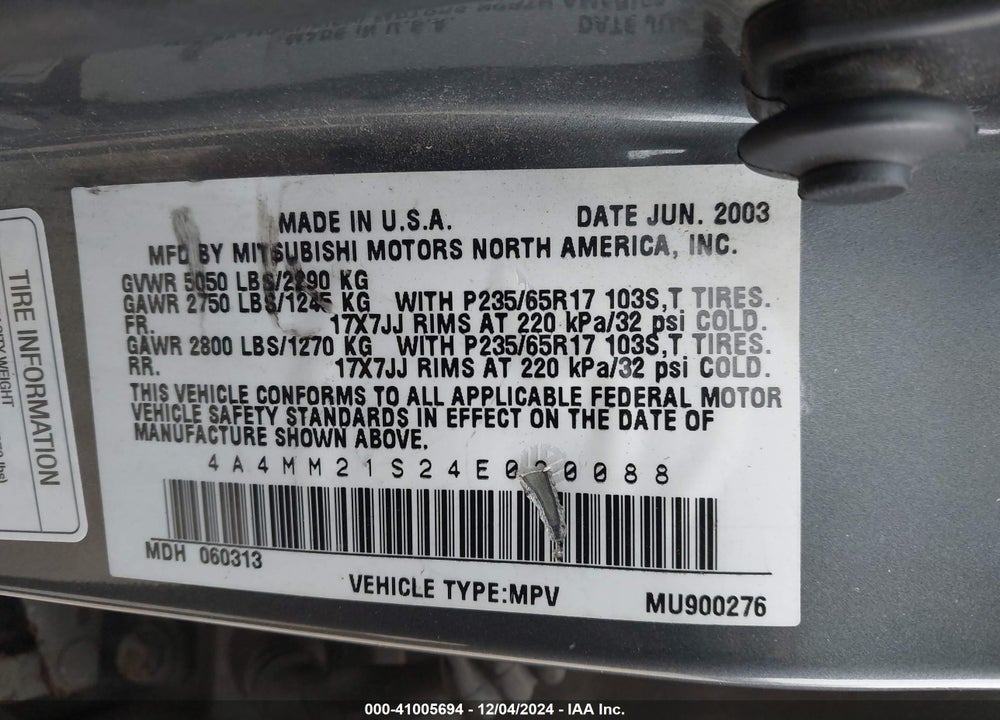 2004 MITSUBISHI ENDEAVOR LS VIN: 4A4MM21S24E020088