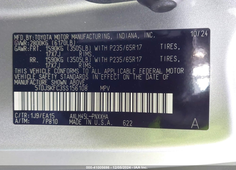 2025 TOYOTA SIENNA XLE VIN: 5TDJSKFC3SS156108
