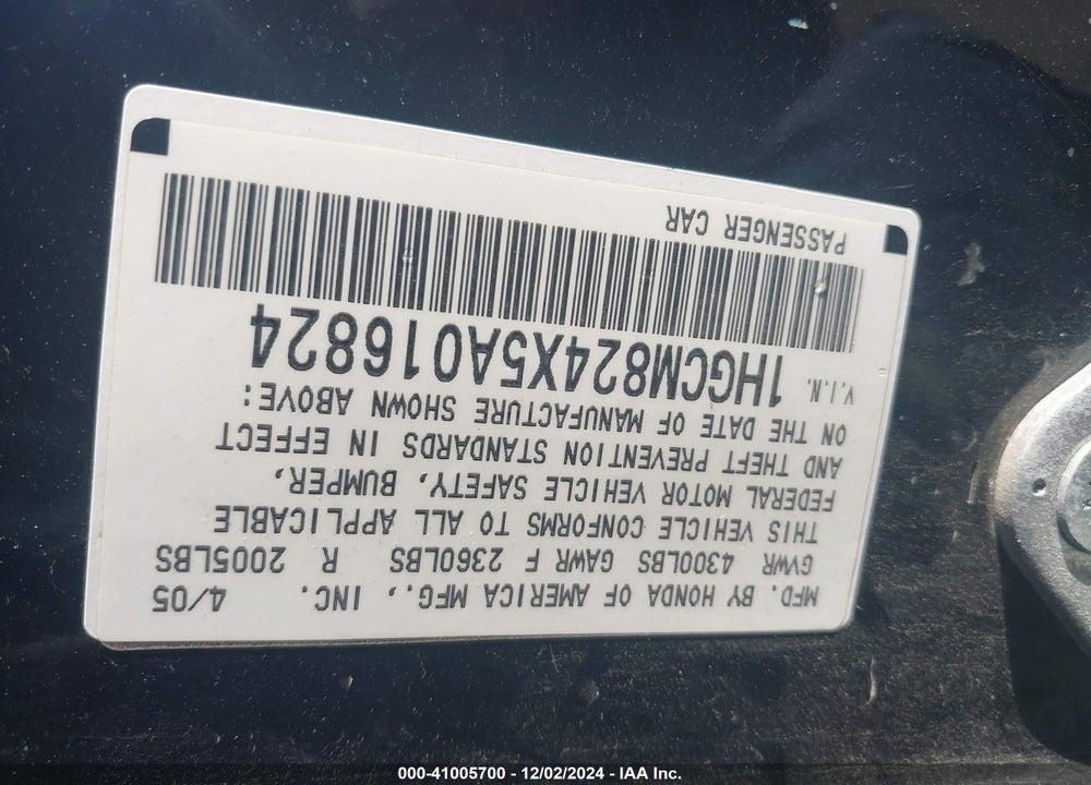 2005 HONDA ACCORD CPE LX V6 SE VIN: 1HGCM824X5A016824