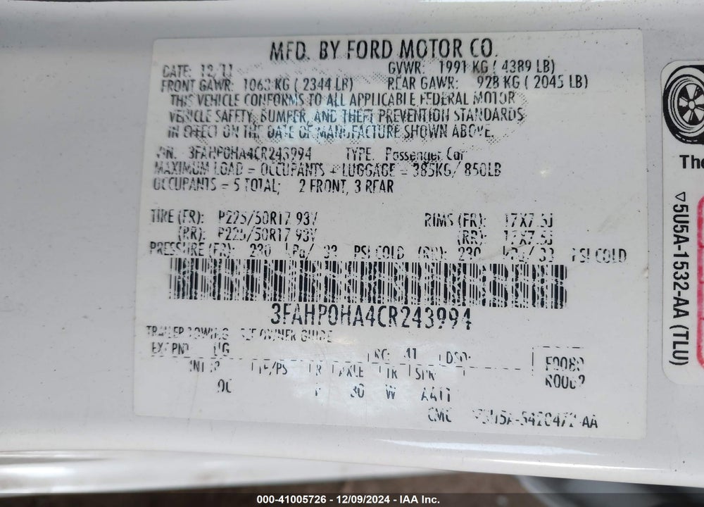 2012 FORD FUSION SE VIN: 3FAHP0HA4CR243994