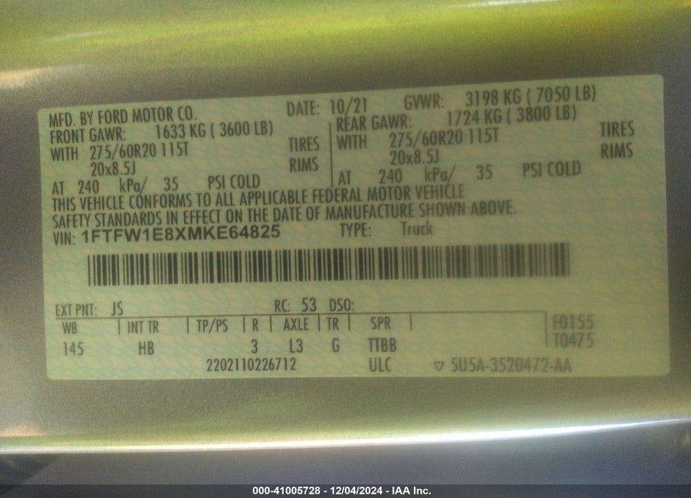 2021 FORD F-150 VIN: 1FTFW1E8XMKE64825