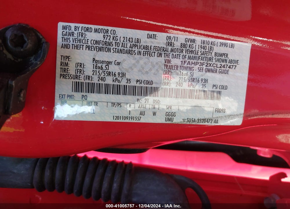 2012 FORD FOCUS SE VIN: 1FAHP3F2XCL247477