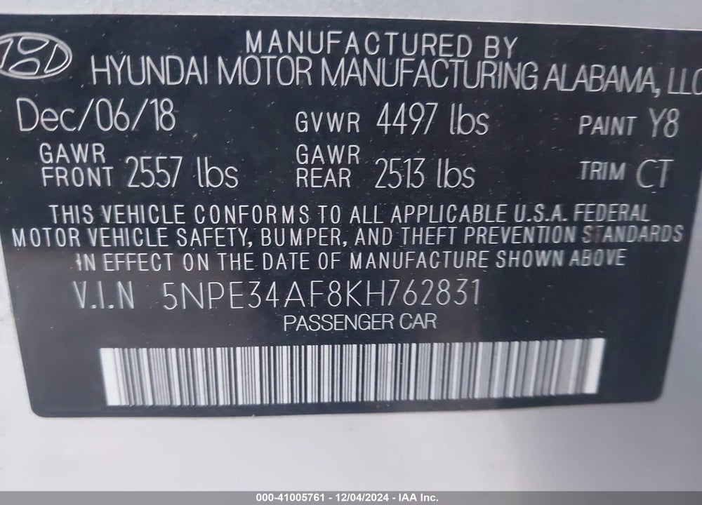 2019 HYUNDAI SONATA SPORT VIN: 5NPE34AF8KH762831