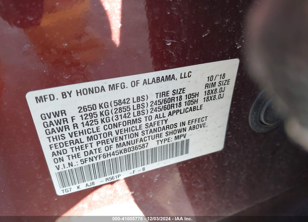 2019 HONDA PILOT EX-L VIN: 5FNYF6H45KB036587