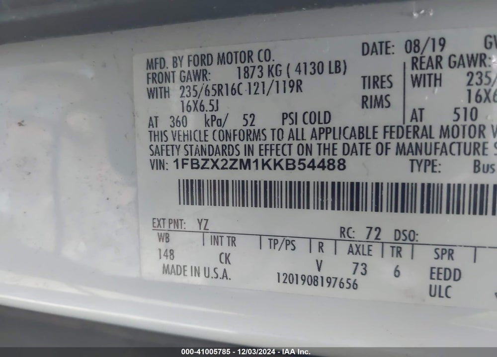 2019 FORD TRANSIT-350 XLT VIN: 1FBZX2ZM1KKB54488