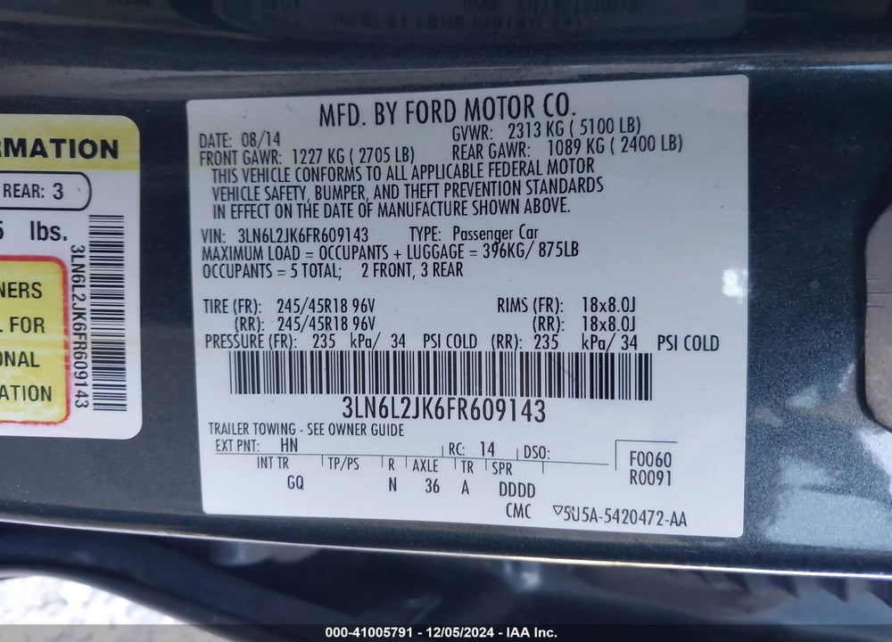 2015 LINCOLN MKZ VIN: 3LN6L2JK6FR609143