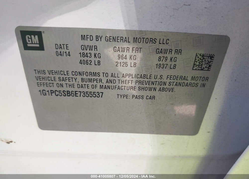2014 CHEVROLET CRUZE 1LT AUTO VIN: 1G1PC5SB6E7355537