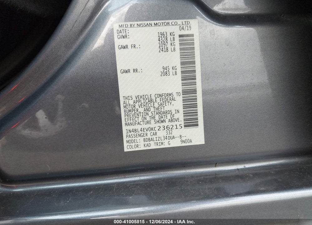 2019 NISSAN ALTIMA 2.5 SL VIN: 1N4BL4EV0KC236215