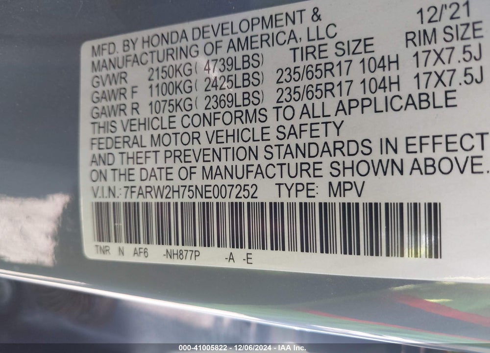 2022 HONDA CR-V AWD SPECIAL EDITION VIN: 7FARW2H75NE007252
