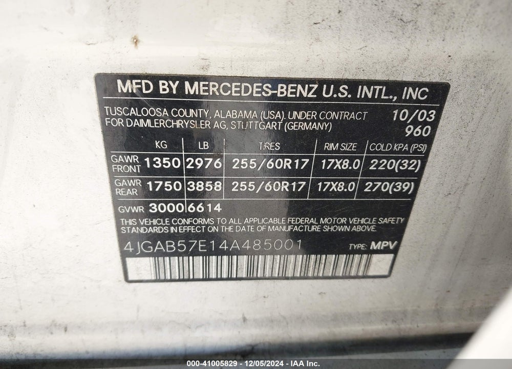 2004 MERCEDES-BENZ ML 350 4MATIC VIN: 4JGAB57E14A485001