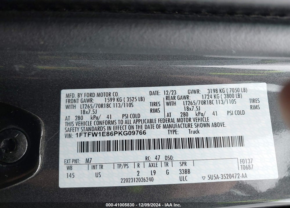 2023 FORD F-150 VIN: 1FTFW1E86PKG09766
