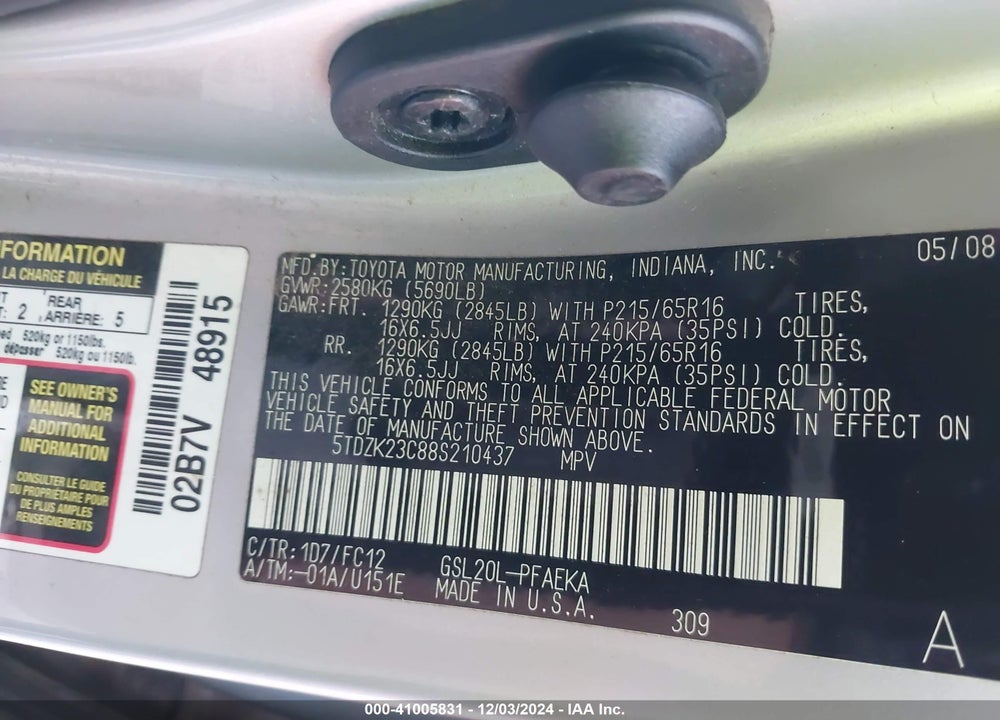 2008 TOYOTA SIENNA LE VIN: 5TDZK23C88S210437