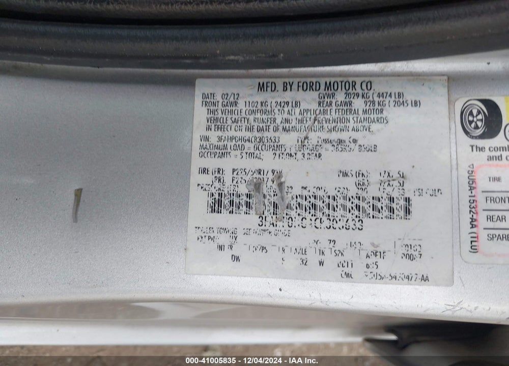 2012 FORD FUSION SE VIN: 3FAHP0HG4CR303633