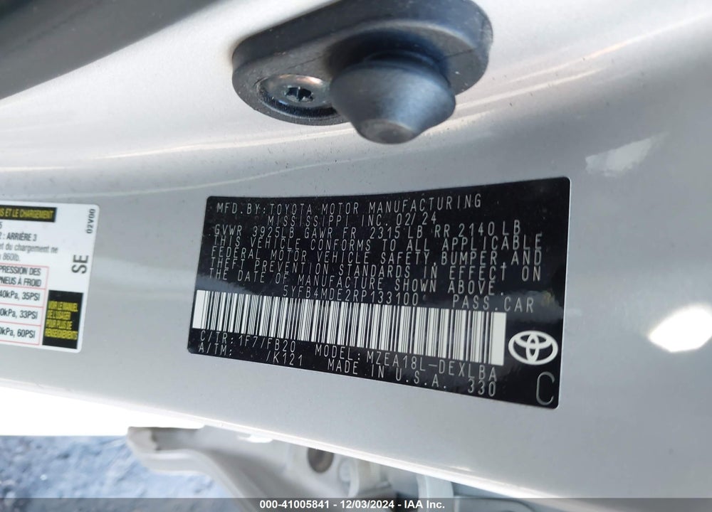 2024 TOYOTA COROLLA VIN: 5YFB4MDE2RP133100