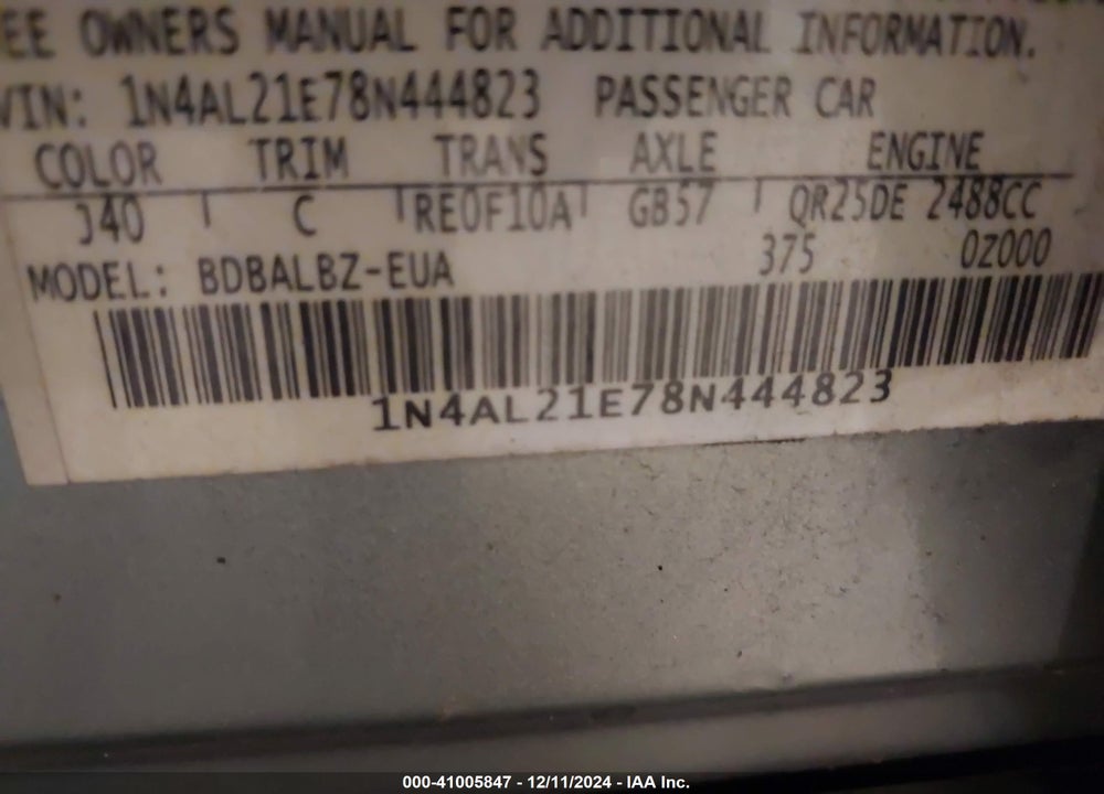 2008 NISSAN ALTIMA 2.5 S VIN: 1N4AL21E78N444823