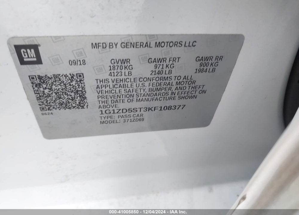2019 CHEVROLET MALIBU LT VIN: 1G1ZD5ST3KF108377