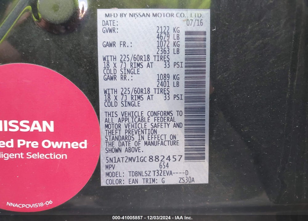 2016 NISSAN ROGUE SL VIN: 5N1AT2MV1GC882457