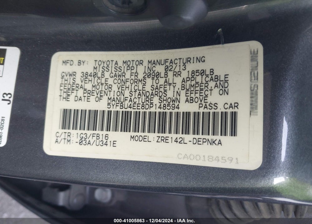 2013 TOYOTA COROLLA LE VIN: 5YFBU4EE8DP148594