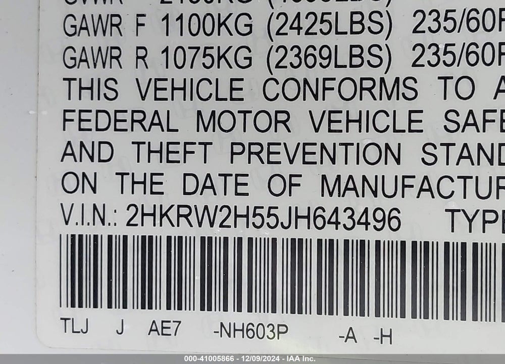 2018 HONDA CR-V EX VIN: 2HKRW2H55JH643496