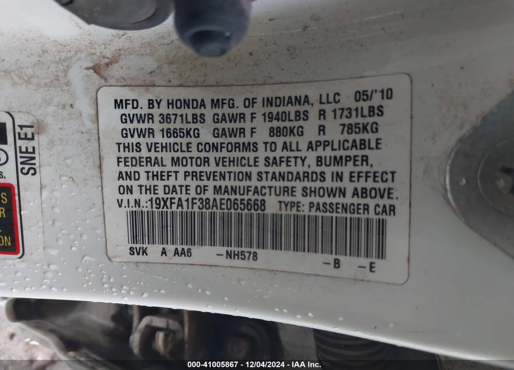 2010 HONDA CIVIC VP VIN: 19XFA1F38AE065668