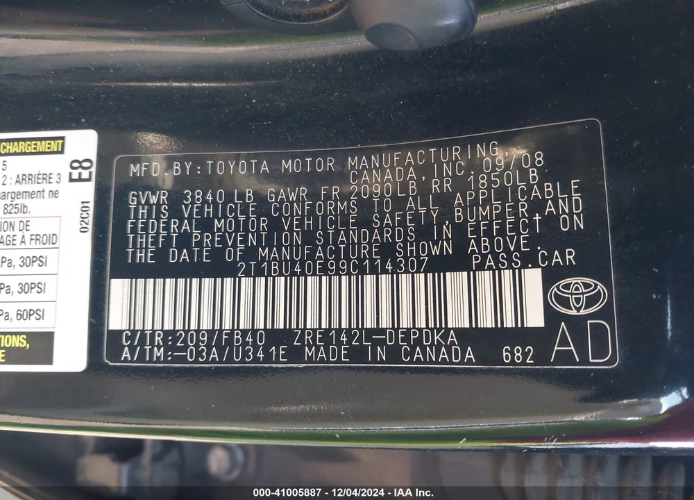 2009 TOYOTA COROLLA LE VIN: 2T1BU40E99C114307