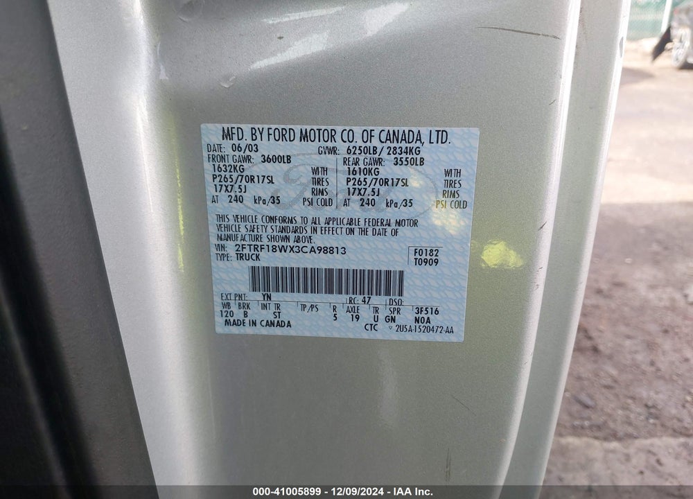 2003 FORD F-150 XL/XLT VIN: 2FTRF18WX3CA98813