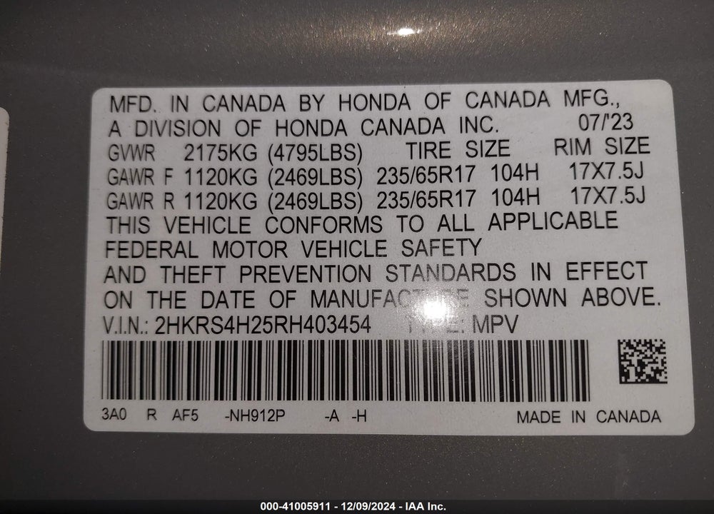2024 HONDA CR-V LX AWD VIN: 2HKRS4H25RH403454