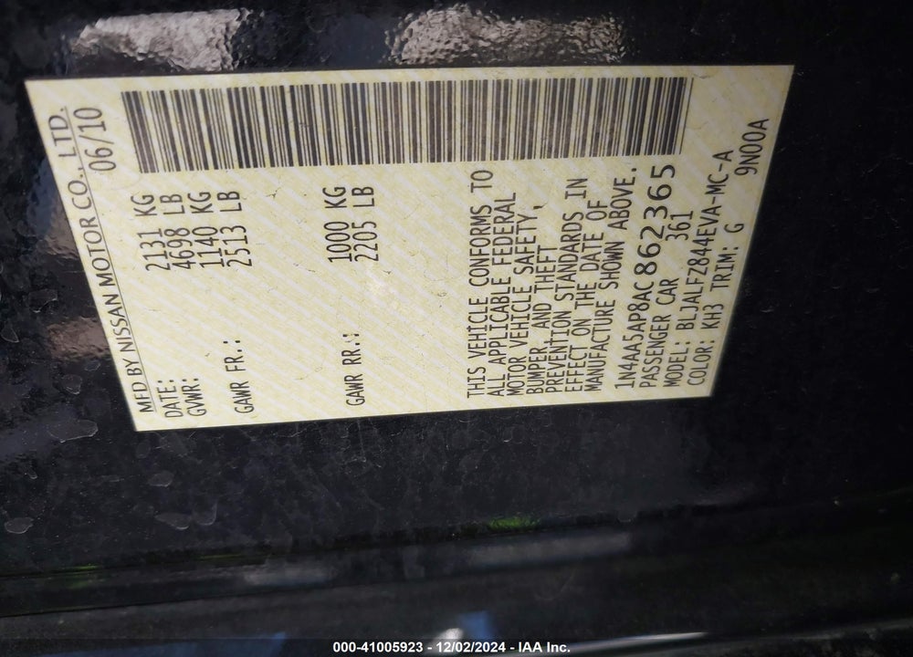 2010 NISSAN MAXIMA 3.5 SV VIN: 1N4AA5AP8AC862365