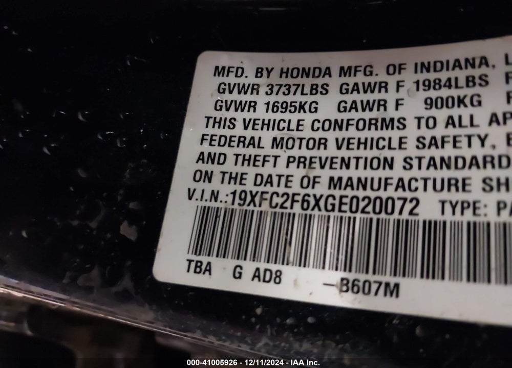 2016 HONDA CIVIC LX VIN: 19XFC2F6XGE020072
