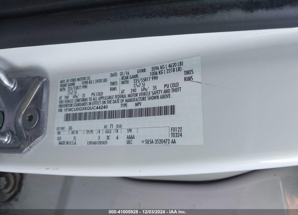 2016 FORD ESCAPE SE VIN: 1FMCU0GX6GUC44240