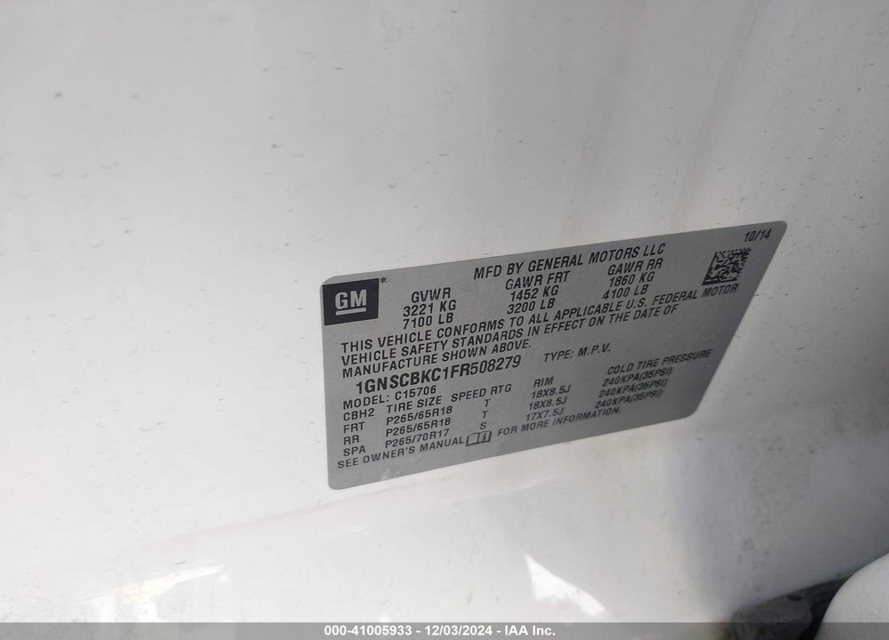 2015 CHEVROLET TAHOE LT VIN: 1GNSCBKC1FR508279