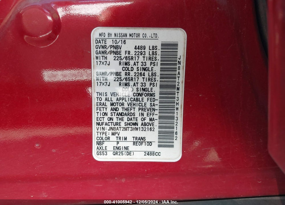 2017 NISSAN ROGUE SV VIN: JN8AT2MT3HW132162