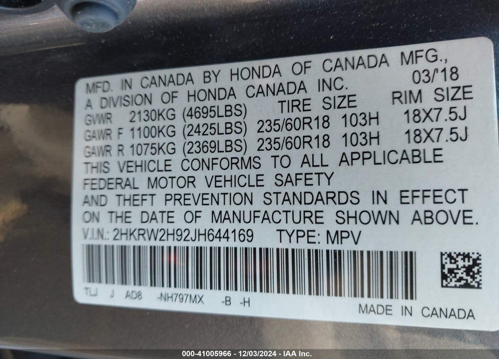 2018 HONDA CR-V TOURING VIN: 2HKRW2H92JH644169