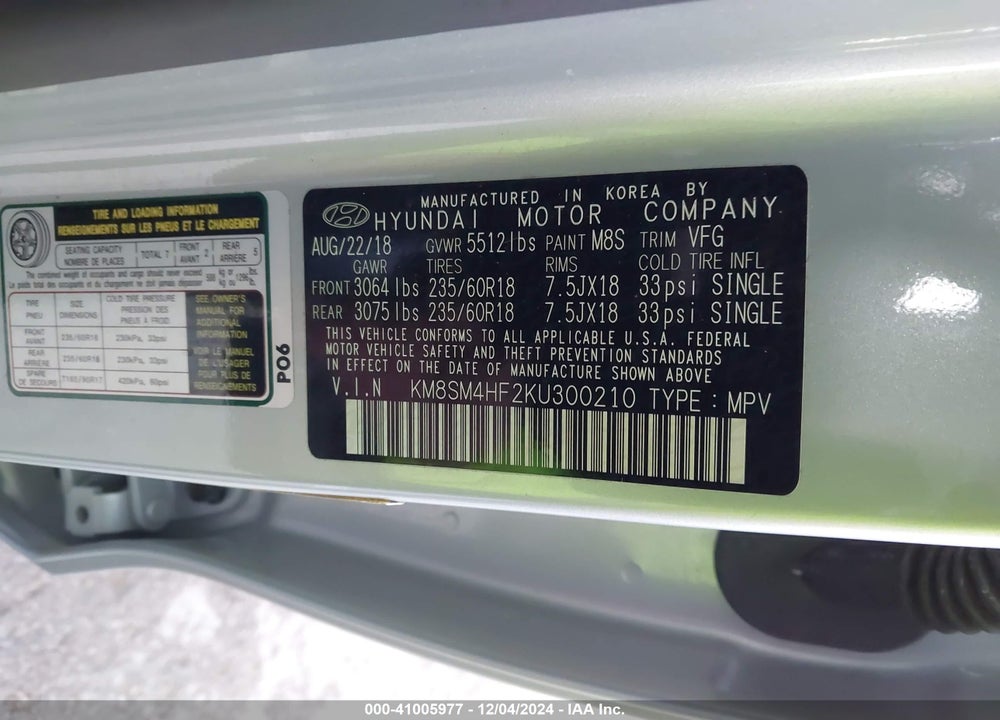 2019 HYUNDAI SANTA FE XL SE VIN: KM8SM4HF2KU300210