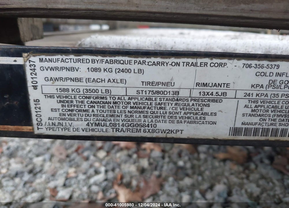 2016 CARRY ON OTHER VIN: 4YMUL0814GG058410