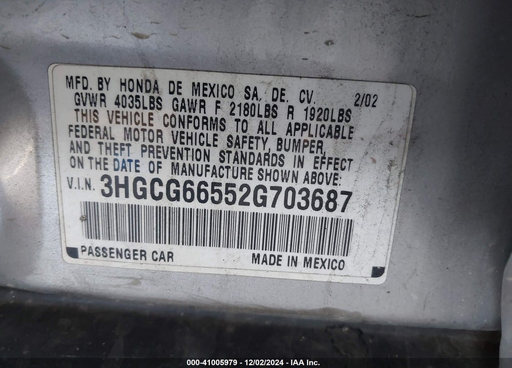 2002 HONDA ACCORD 2.3 LX/LX VIN: 3HGCG66552G703687