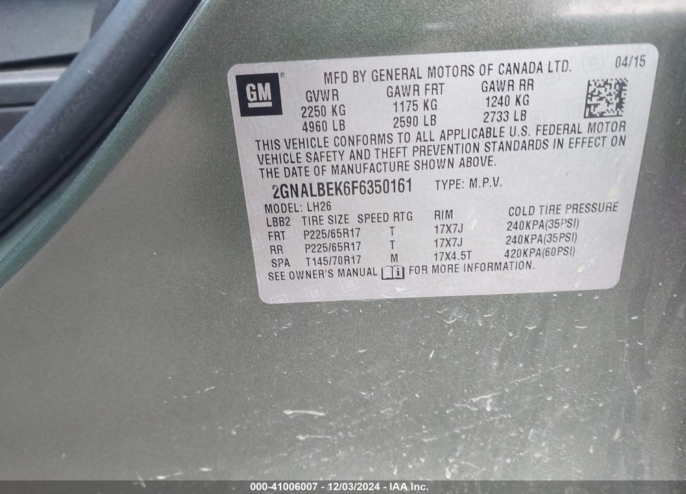 2015 CHEVROLET EQUINOX 1LT VIN: 2GNALBEK6F6350161