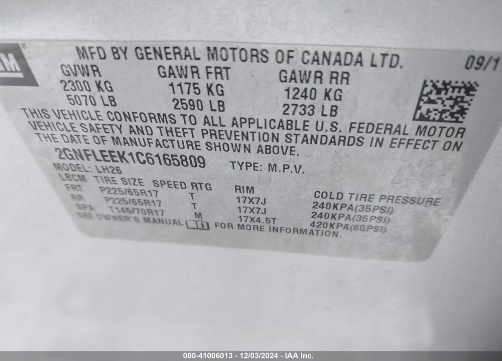 2012 CHEVROLET EQUINOX 1LT VIN: 2GNFLEEK1C6165809