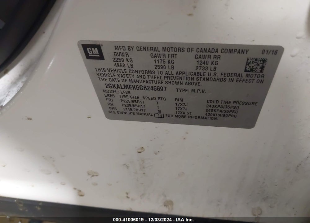 2016 GMC TERRAIN SLE-1 VIN: 2GKALMEK6G6246697