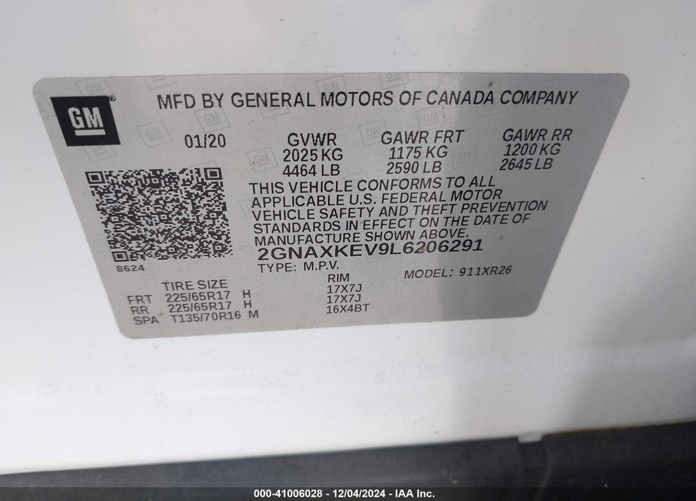 2020 CHEVROLET EQUINOX FWD LT 1.5L TURBO VIN: 2GNAXKEV9L6206291